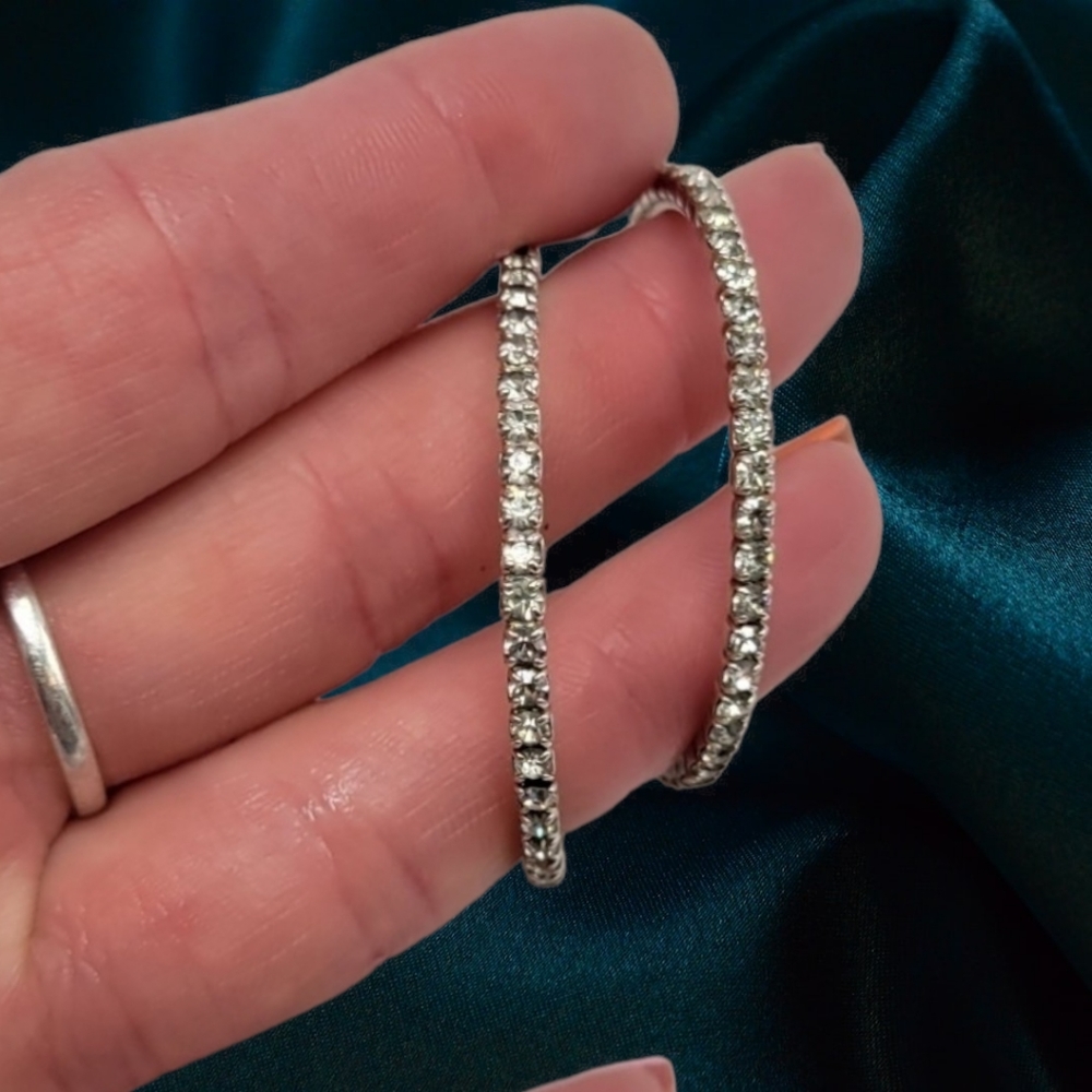 Vintage 1980s Rhinestone Hoop Earrings Silver Tone Pierced Statement Earrings